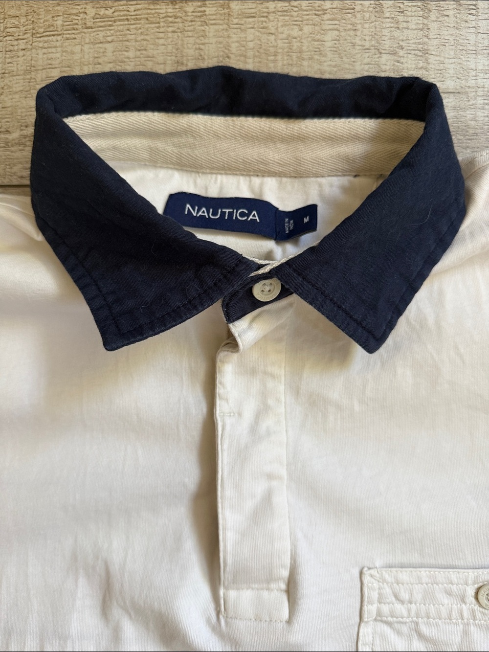 Nautica Men's Medium Off White N83 Graphic Back Short Sleeve Polo Shirt Pocket